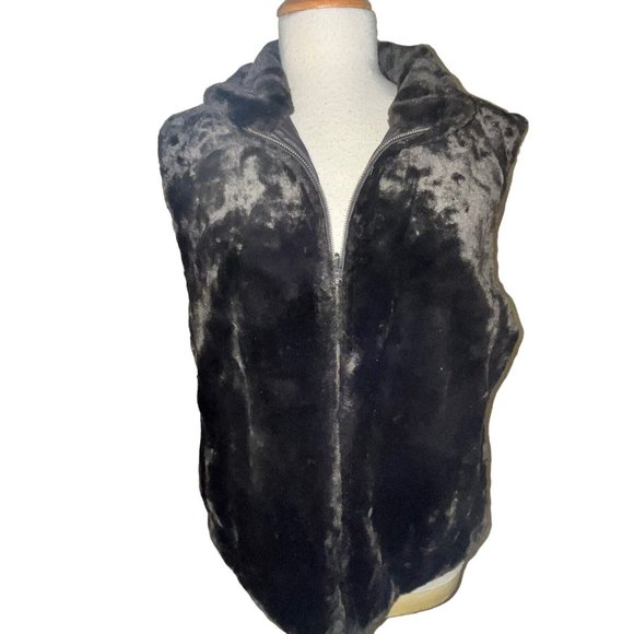 REVERSIBLE Beaver Faux Fur VEST Coat Jacket Brown Size L Women’s Full Zip 83814 - Picture 2 of 8